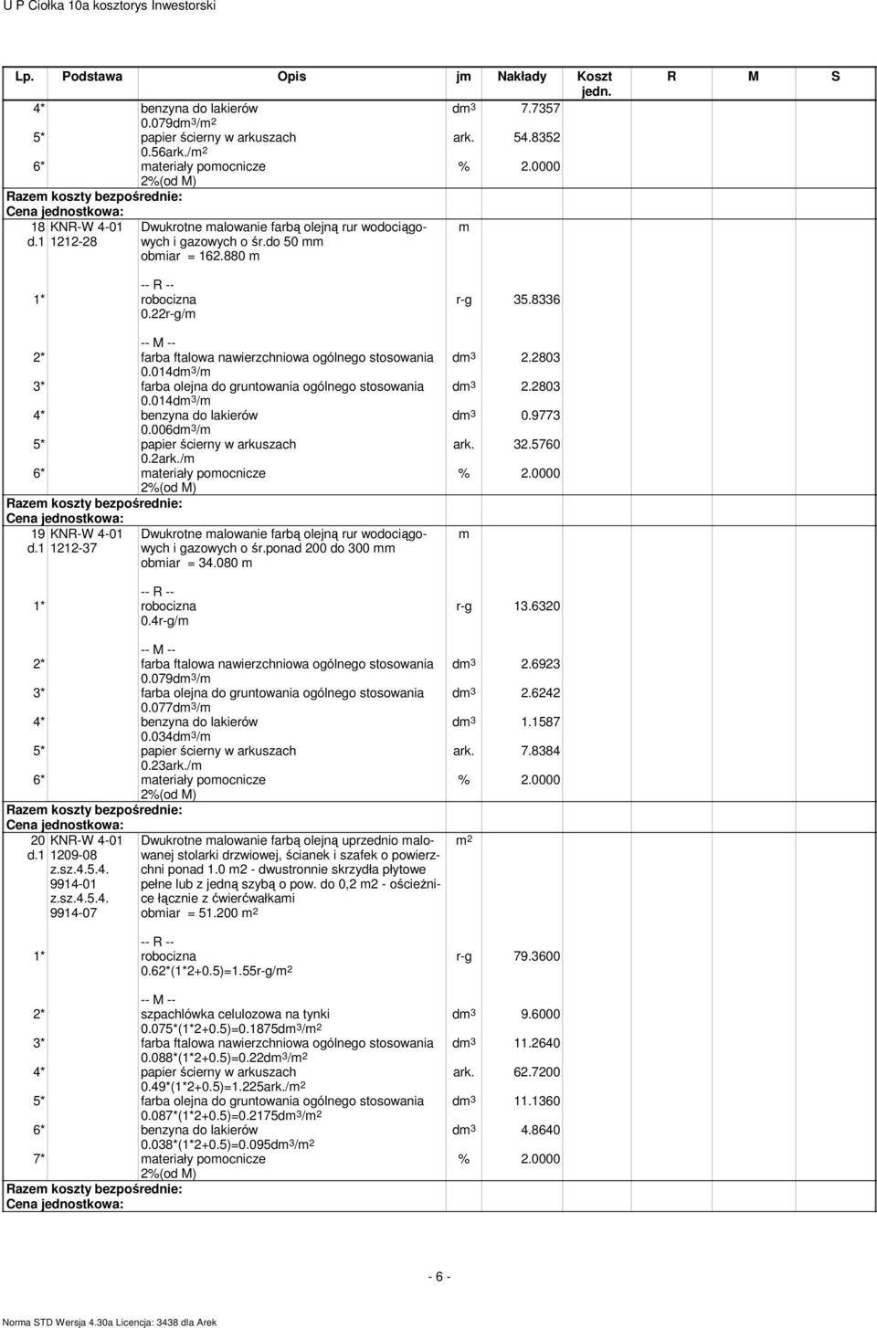 006dm 3 /m 5* papier ścierny w arkuszach 0.2ark./m 6* materiały pomocnicze 19 KNR-W 4-01 1212-37 0.4r-g/m Dwukrotne malowanie farbą olejną rur wodociągowych i gazowych o śr.