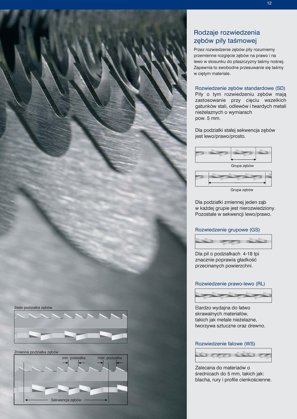 Rozwiedzenie zębów standardowe (D) Piły o tym rozwiedzeniu zębów mają zastosowanie przy cięciu wszelkich gatunków stali, odlewów i twardych metali nieżelaznych o wymiarach pow. 5.