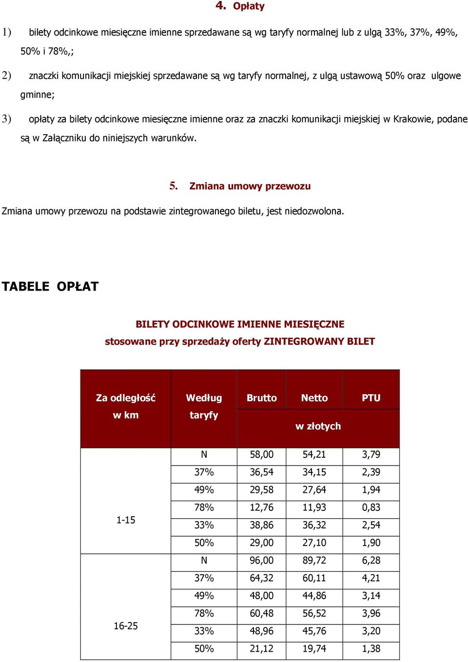 TABELE OPŁAT BILETY ODCINKOWE IMIENNE MIESIĘCZNE stosowane przy sprzedaŝy oferty ZINTEGROWANY BILET Za odległość w km Według taryfy Brutto Netto PTU w złotych N 58,00 54,21 3,79 37% 36,54 34,15 2,39