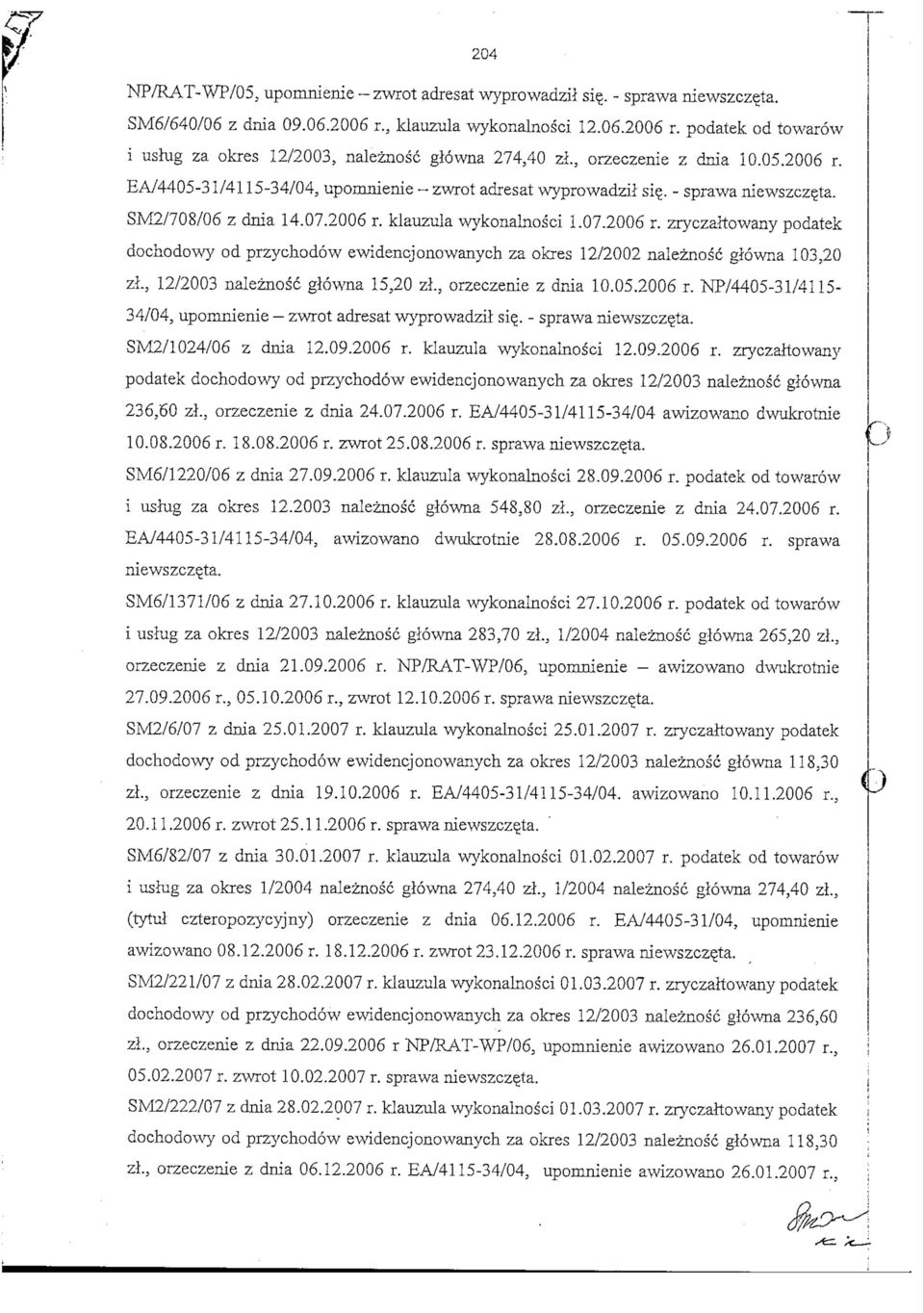 , 12/2003 naleznosc giowna 15,20 zl.; orzeczenie z dnia 10.05.2006 r. NP/4405-31/4115-34/04, upomnienie - zwrot adresat wyprowadzil si?. - sprawa niewszczeta. SM2/1024/06 z dnia 12.09.2006 r. klauzula wykonalnosci 12.