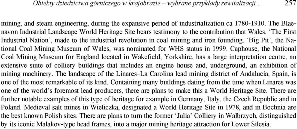 Big Pit, the National Coal Mining Museum of Wales, was nominated for WHS status in 1999.