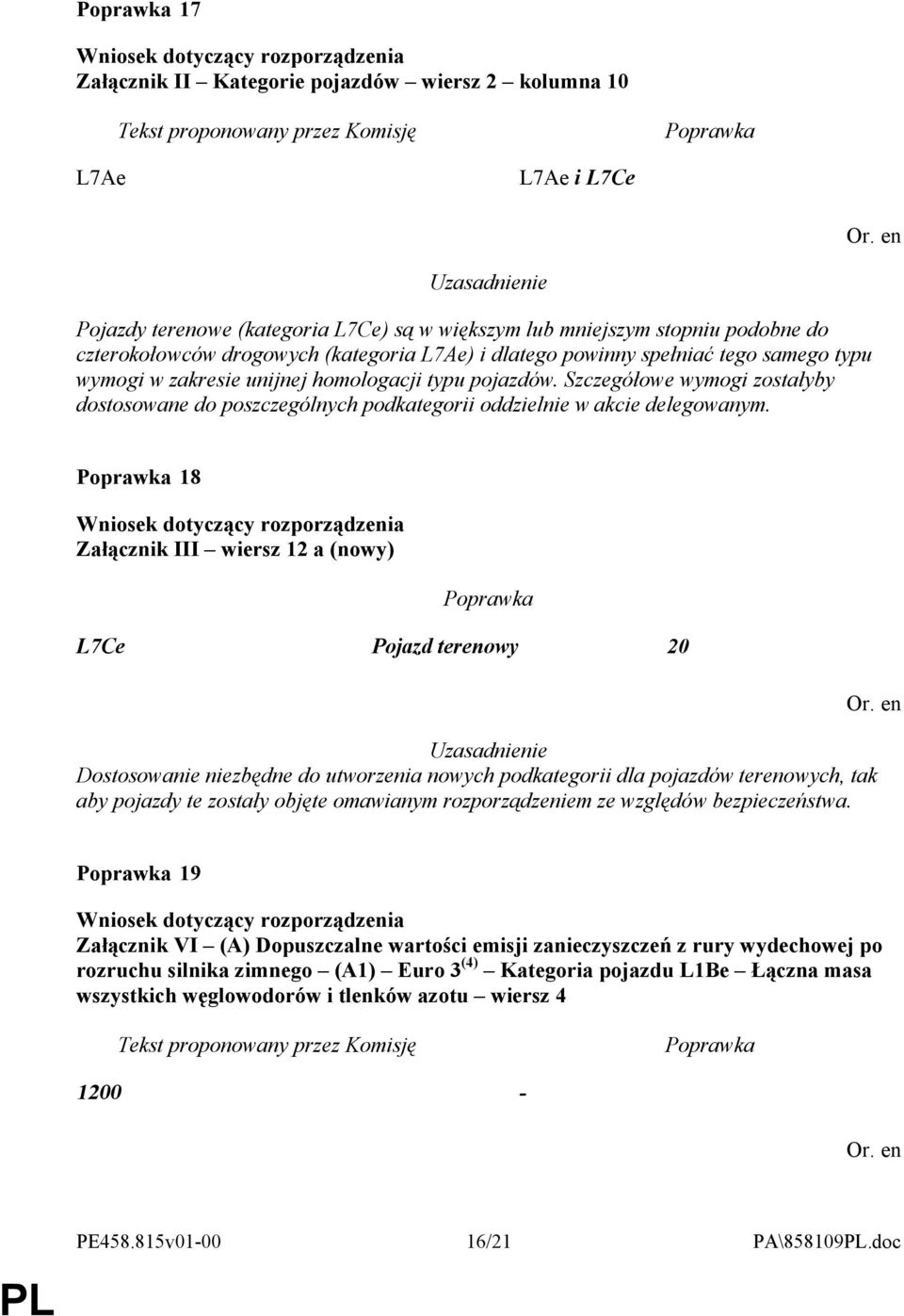 18 Załącznik III wiersz 12 a (nowy) L7Ce Pojazd terenowy 20 Dostosowanie niezbędne do utworzenia nowych podkategorii dla pojazdów terenowych, tak aby pojazdy te zostały objęte omawianym