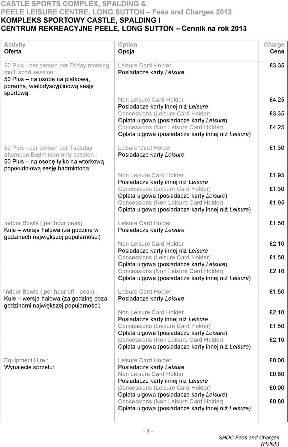 Plus na osobę tylko na wtorkową popołudniową sesję badmintona: Indoor Bowls ( per hour peak) : Kule wersja halowa (za godzinę w godzinach największej popularności) Indoor Bowls ( per hour off - peak)