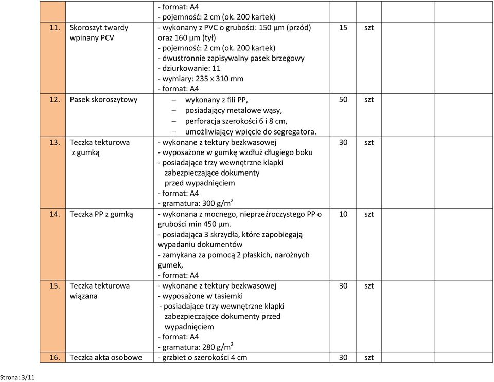 Pasek skoroszytowy wykonany z fili PP, posiadający metalowe wąsy, perforacja szerokości 6 i 8 cm, umożliwiający wpięcie do segregatora. 13.