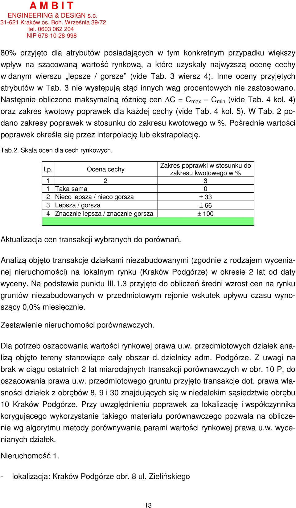 4) oraz zakres kwotowy poprawek dla każdej cechy (vide Tab. 4 kol. 5). W Tab. 2 podano zakresy poprawek w stosunku do zakresu kwotowego w %.