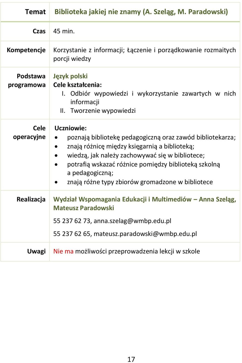 Tworzenie wypowiedzi poznają bibliotekę pedagogiczną oraz zawód bibliotekarza; znają różnicę między księgarnią a biblioteką; wiedzą, jak należy zachowywać się w bibliotece; potrafią