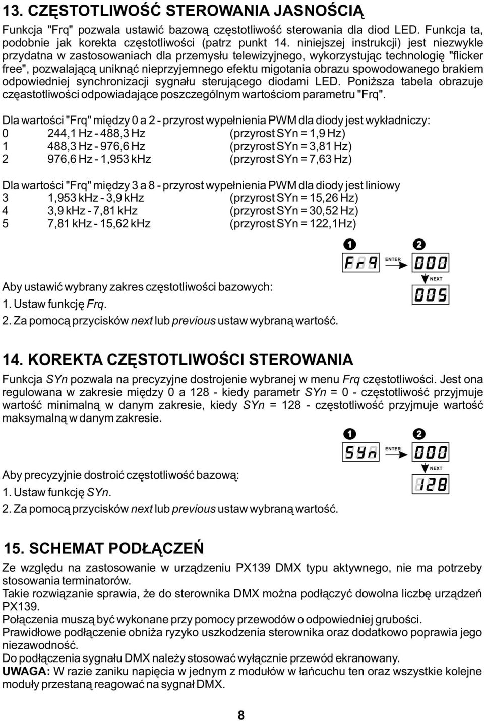 spowodowanego brakiem odpowiedniej synchronizacji sygnału sterującego diodami LED. Poniższa tabela obrazuje częastotliwości odpowiadające poszczególnym wartościom parametru "Frq".