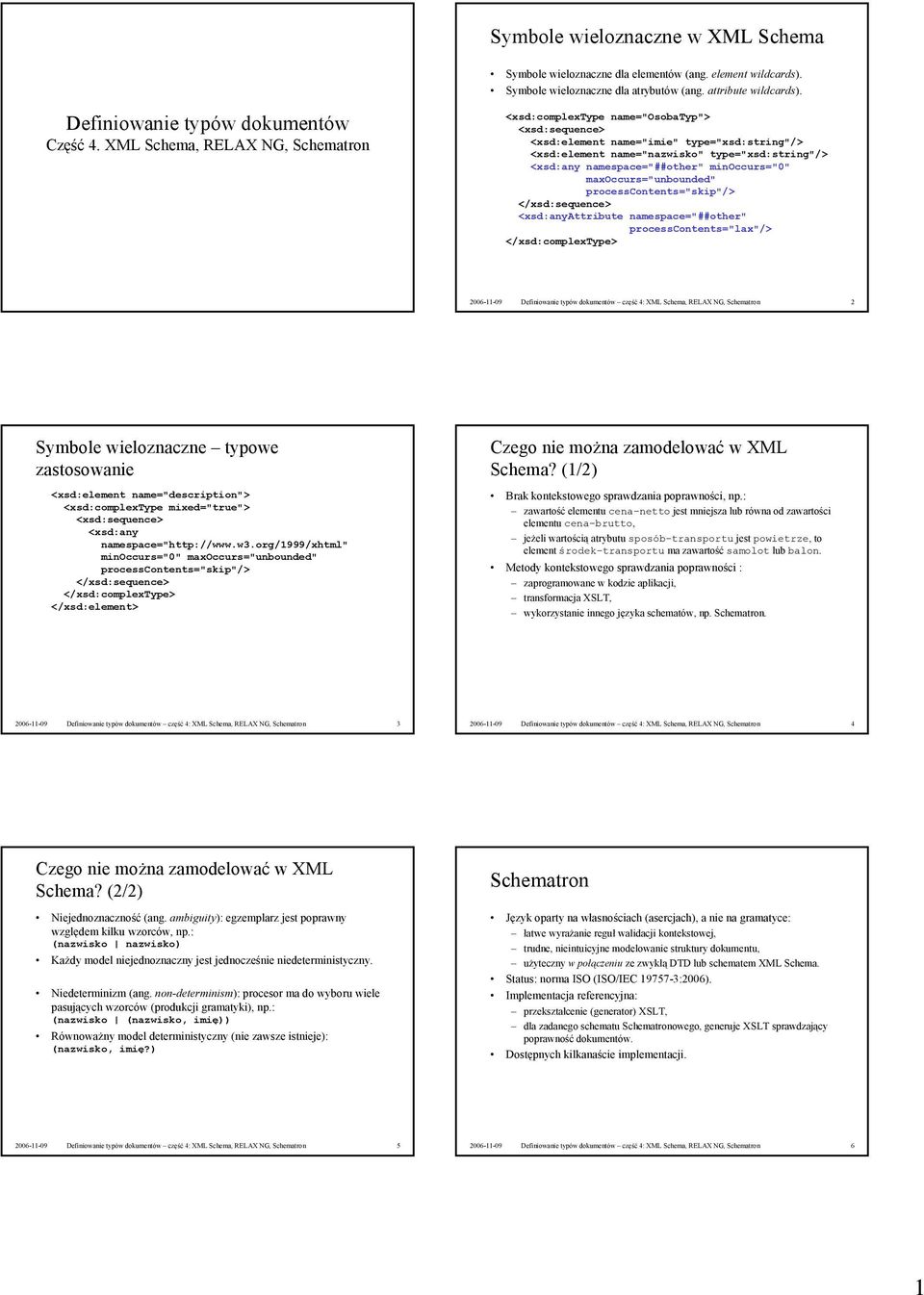 namespace="##other" minoccurs="0" maxoccurs="unbounded" processcontents="skip"/> </xsd:sequence> <xsd:anyattribute namespace="##other" processcontents="lax"/> 2006-11-09 Definiowanie typów dokumentów