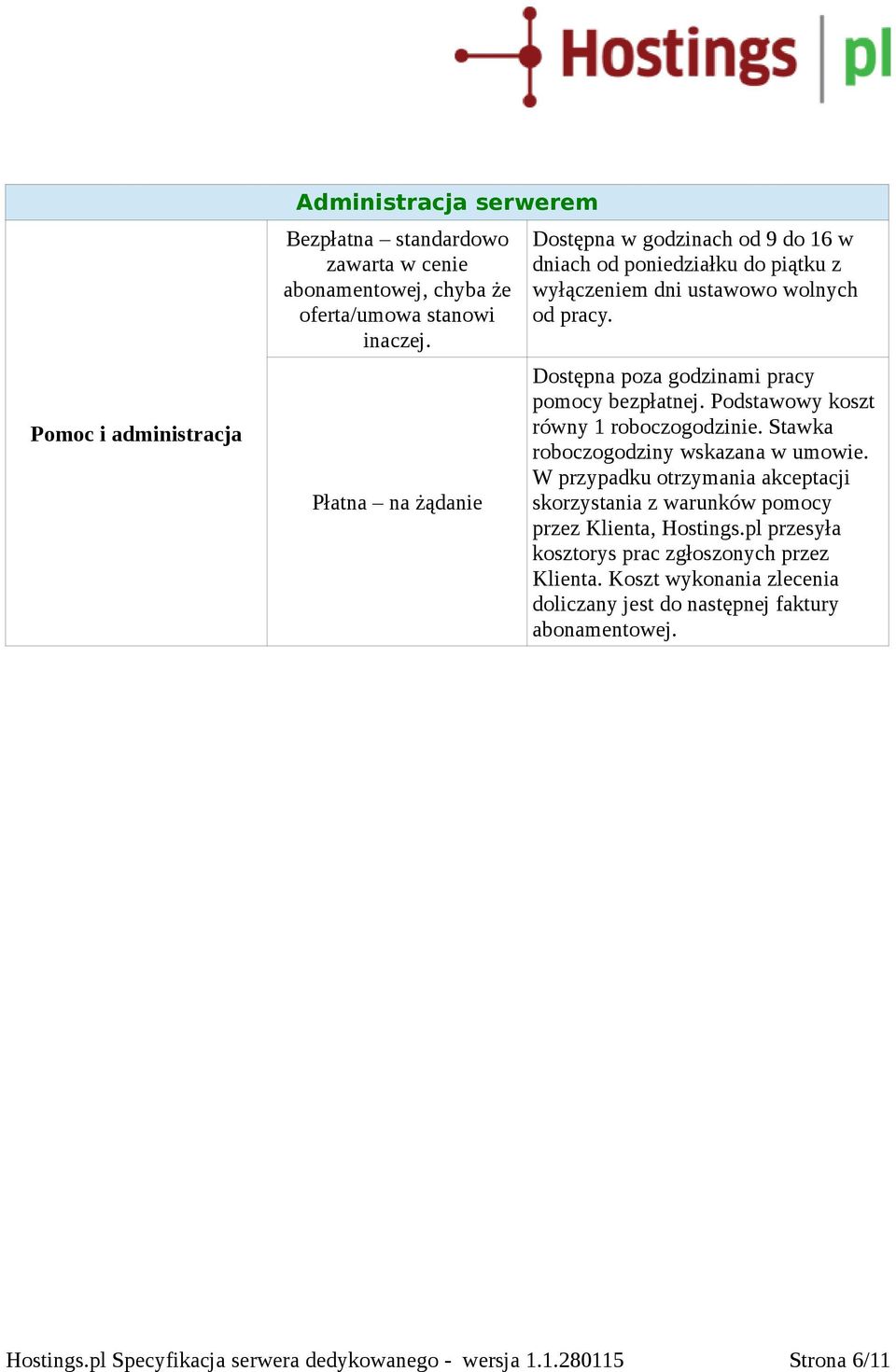 Dostępna poza godzinami pracy pomocy bezpłatnej. Podstawowy koszt równy 1 roboczogodzinie. Stawka roboczogodziny wskazana w umowie.