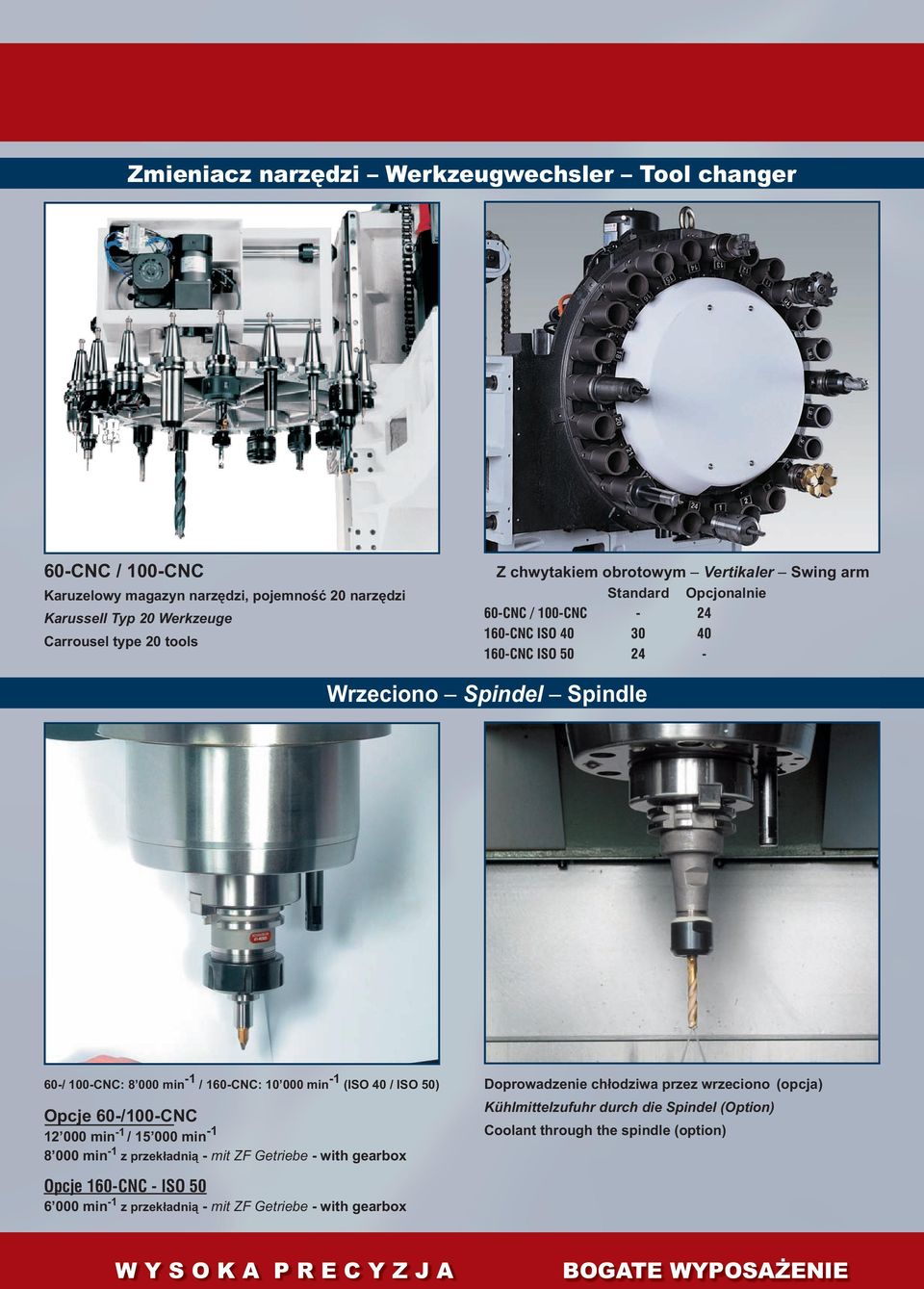 60-/100-CNC 12 000 min-1 / 15 000 min-1 8 000 min-1 z przek³adni¹ - mit ZF Getriebe - with gearbox Doprowadzenie ch³odziwa przez wrzeciono (opcja) Kühlmittelzufuhr durch