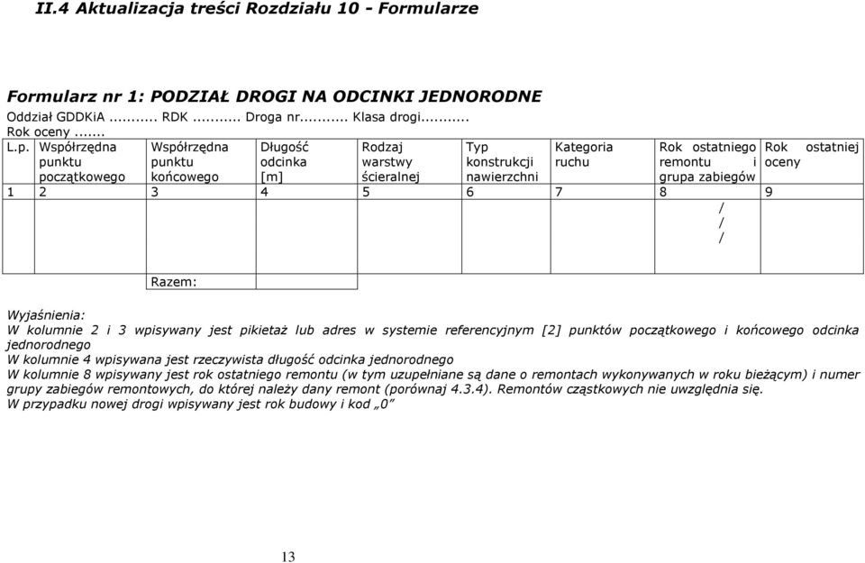 5 6 7 8 9 / / / Rok oceny ostatniej Razem: Wyjaśnienia: W kolumnie 2 i 3 wpisywany jest pikietaż lub adres w systemie referencyjnym [2] punktów początkowego i końcowego odcinka jednorodnego W