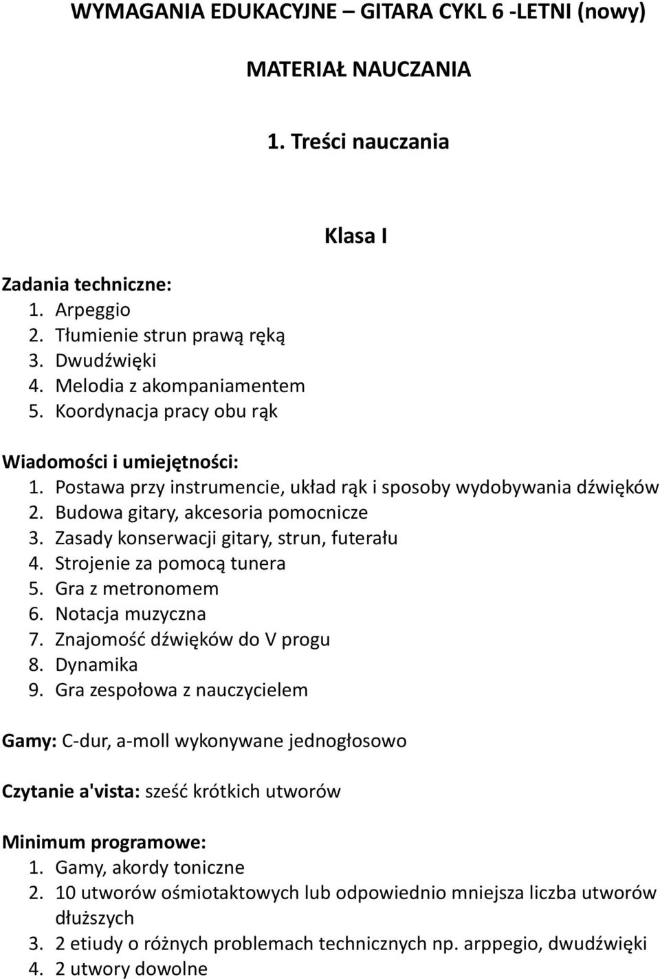 Zasady konserwacji gitary, strun, futerału 4. Strojenie za pomocą tunera 5. Gra z metronomem 6. Notacja muzyczna 7. Znajomość dźwięków do V progu 8. Dynamika 9.