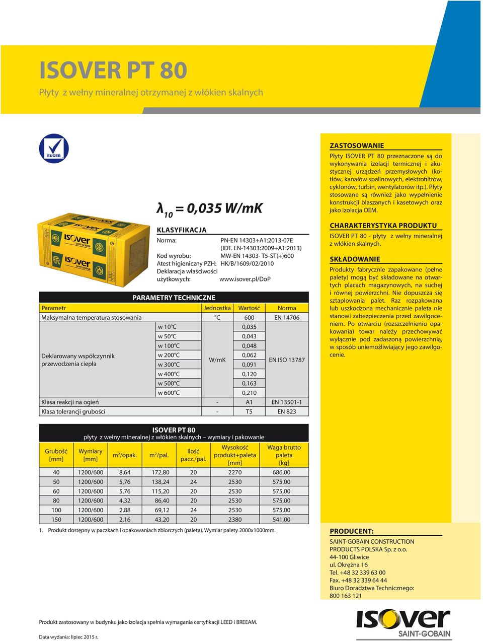 0,035 0,043 w 100 C 0,048 Deklarowany współczynnik w 200 C 0,062 W/mK przewodzenia ciepła w 300 C 0,091 EN ISO 13787 w 400 C 0,120 w 500 C 0,163 w 600 C 0,210 Klasa reakcji na ogień - A1 EN 13501-1