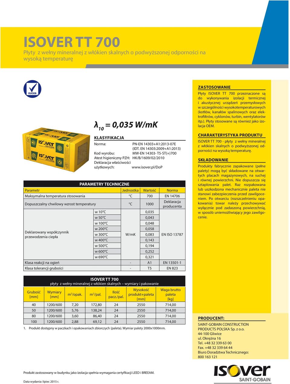 chwilowy wzrost temperatury C 1000 Deklaracja producenta w 10 C 0,035 w 50 C 0,043 w 100 C 0,048 w 200 C 0,058 Deklarowany współczynnik w 300 C W/mK 0,083 przewodzenia ciepła w 400 C 0,143 EN ISO