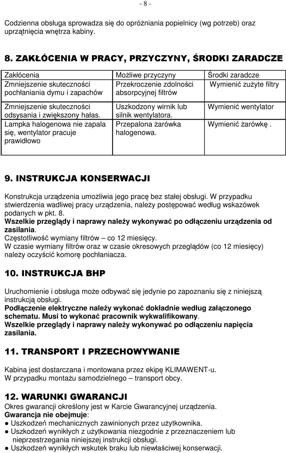 Lampka halogenowa nie zapala się, wentylator pracuje prawidłowo Uszkodzony wirnik lub silnik wentylatora. Przepalona żarówka halogenowa. Wymienić wentylator Wymienić żarówkę. 9.