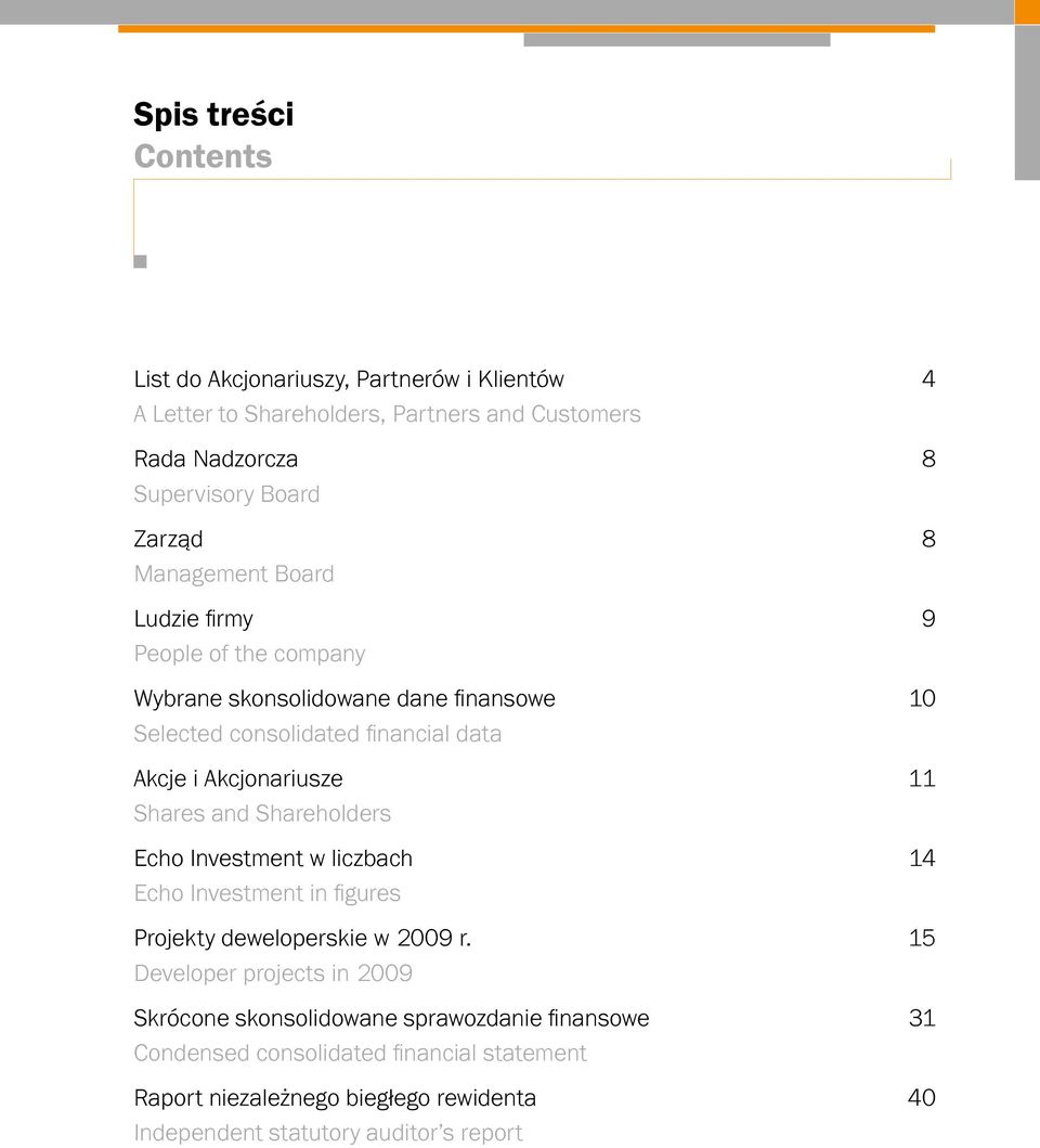 Shares and Shareholders Echo Investment w liczbach 14 Echo Investment in figures Projekty deweloperskie w 2009 r.