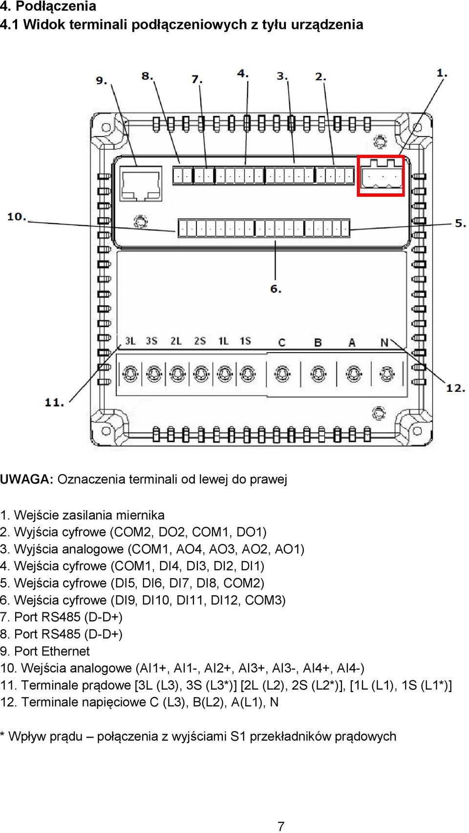 Wejścia cyfrowe (DI5, DI6, DI7, DI8, COM2) 6. Wejścia cyfrowe (DI9, DI10, DI11, DI12, COM3) 7. Port RS485 (D-D+) 8. Port RS485 (D-D+) 9. Port Ethernet 10.