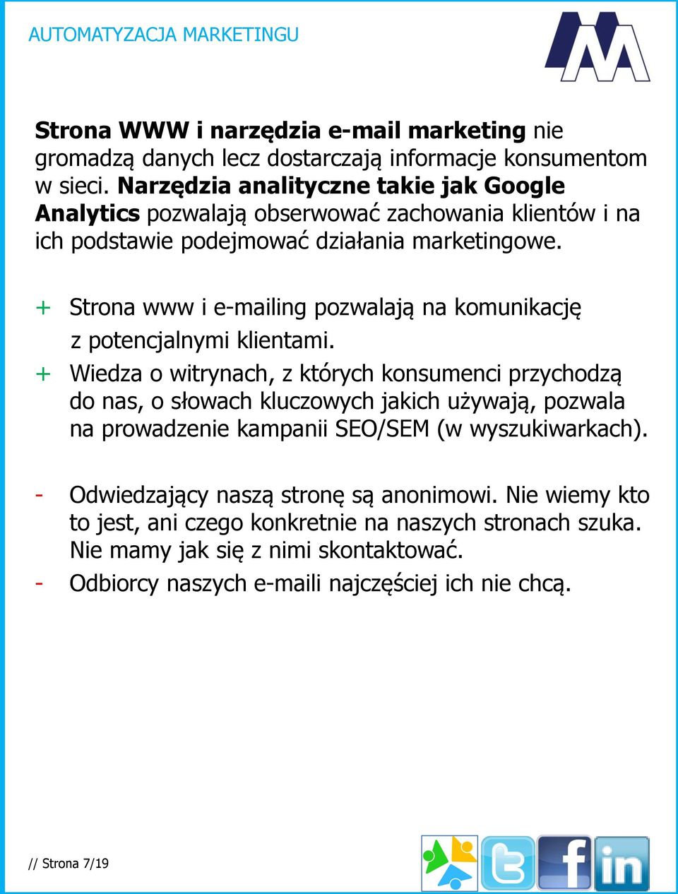 + Strona www i e-mailing pozwalają na komunikację z potencjalnymi klientami.