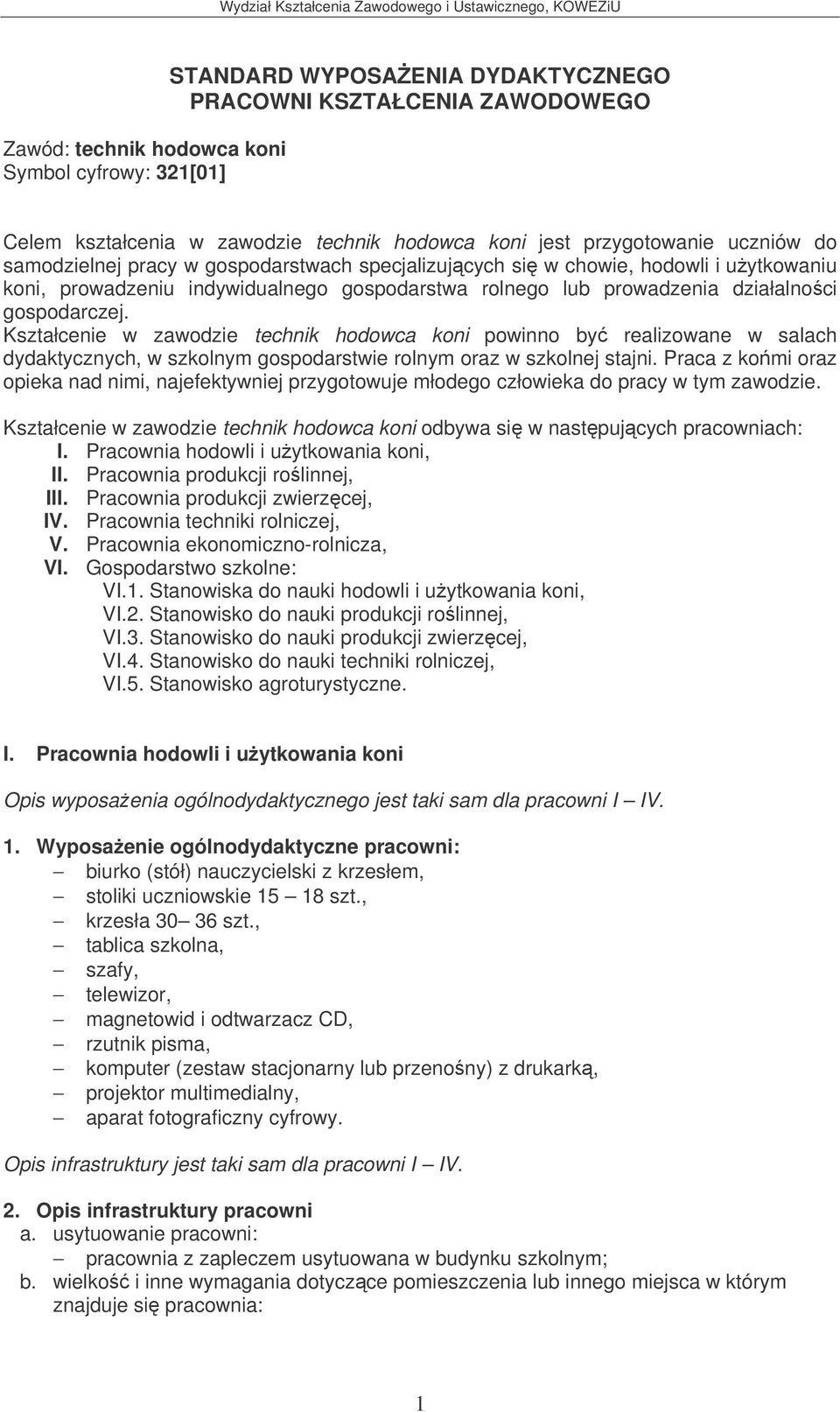 Kształcenie w zawodzie technik hodowca koni powinno by realizowane w salach dydaktycznych, w szkolnym gospodarstwie rolnym oraz w szkolnej stajni.