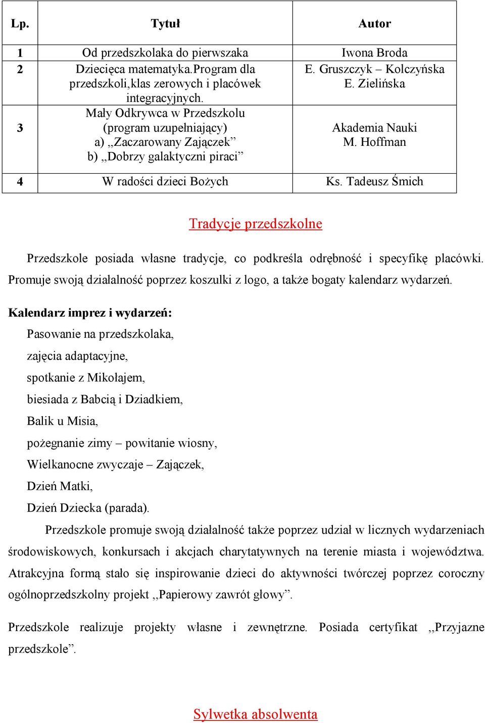 Hoffman 4 W radości dzieci Bożych Ks. Tadeusz Śmich Tradycje przedszkolne Przedszkole posiada własne tradycje, co podkreśla odrębność i specyfikę placówki.