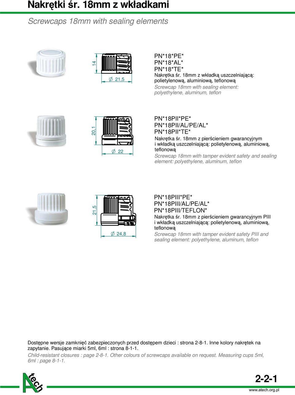 18mm z pierścieniem gwarancyjnym i wkładką uszczelniającą: polietylenową, aluminiową, teflonową Screwcap 18mm with tamper evident safety and sealing element: polyethylene, aluminum, teflon 24,8