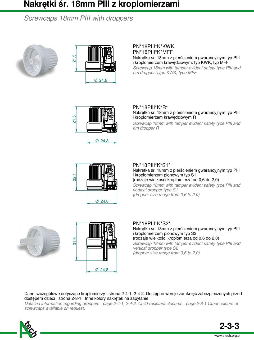 śr. 18mm z pierścieniem gwarancyjnym typ PIII i kroplomierzem krawędziowym R Screwcap 18mm with tamper evident safety type PIII and rim dropper R 24,8,1 24,8 PN*18PIII*K*S1* Nakrętka śr.