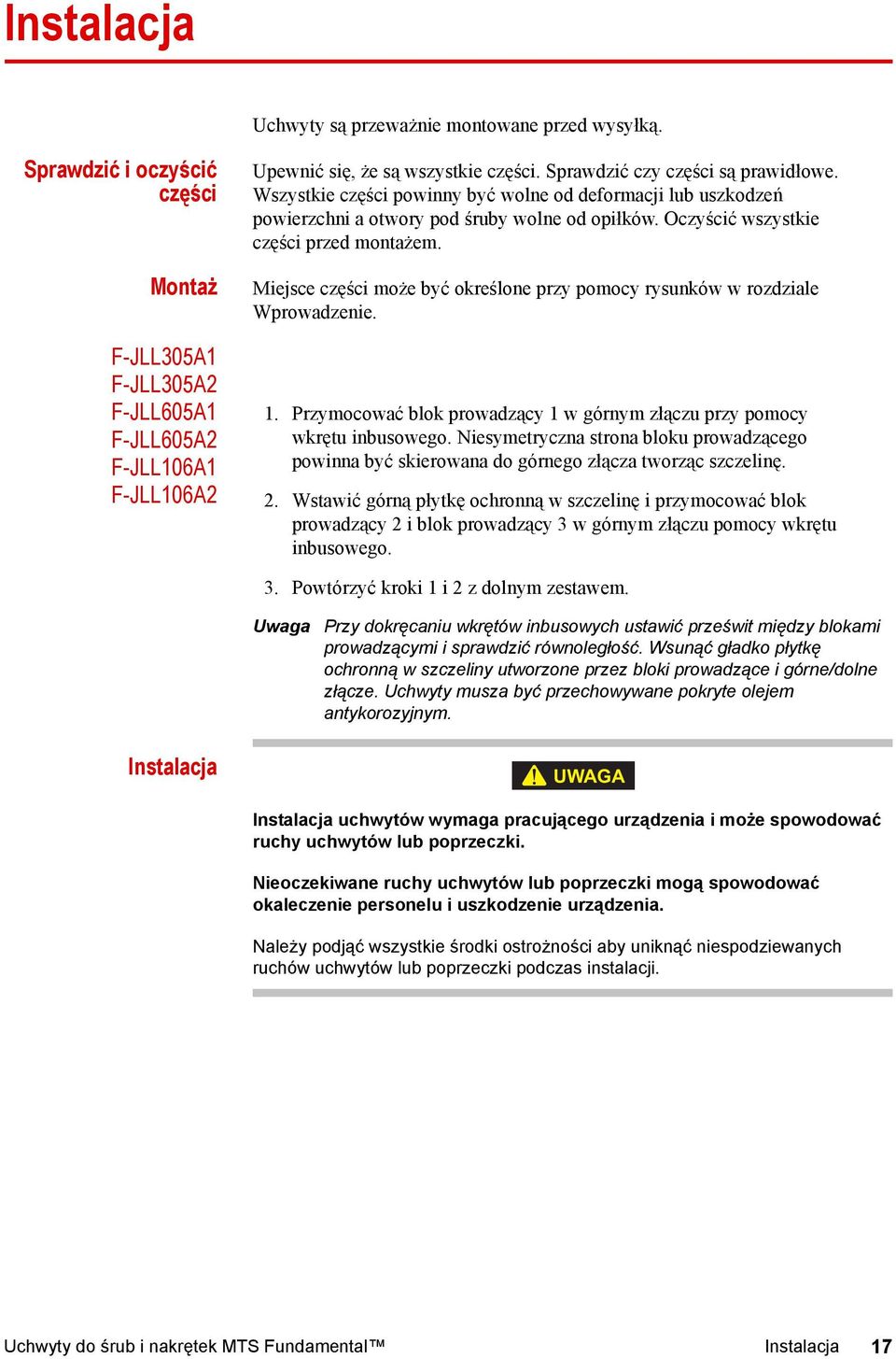 Miejsce części może być określone przy pomocy rysunków w rozdziale Wprowadzenie. 1. Przymocować blok prowadzący 1 w górnym złączu przy pomocy wkrętu inbusowego.