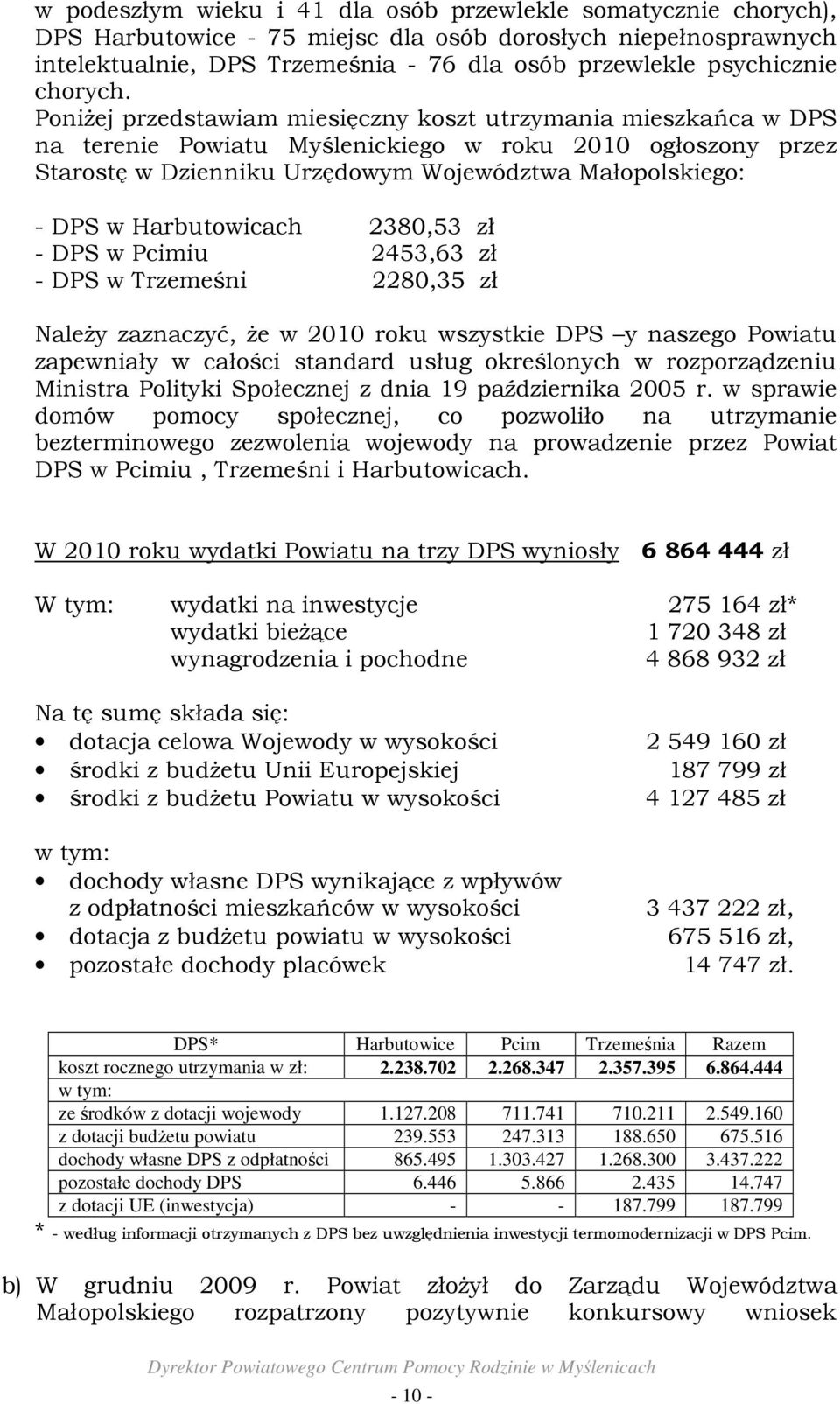 PoniŜej przedstawiam miesięczny koszt utrzymania mieszkańca w DPS na terenie Powiatu Myślenickiego w roku 2010 ogłoszony przez Starostę w Dzienniku Urzędowym Województwa Małopolskiego: - DPS w