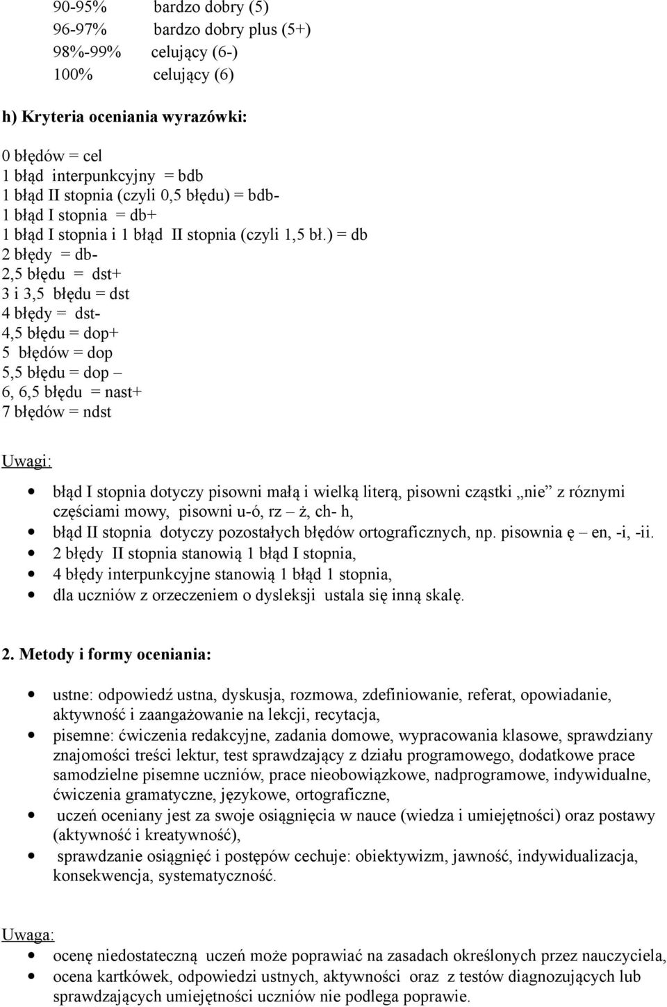 ) = db 2 błędy = db- 2,5 błędu = dst+ 3 i 3,5 błędu = dst 4 błędy = dst- 4,5 błędu = dop+ 5 błędów = dop 5,5 błędu = dop 6, 6,5 błędu = nast+ 7 błędów = ndst Uwagi: błąd I stopnia dotyczy pisowni