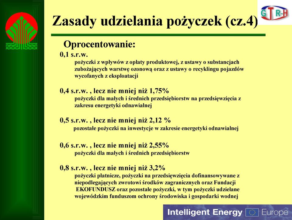 r.w., lecz nie mniej niż 2,12 % pozostałe pożyczki na inwestycje w zakresie energetyki odnawialnej 0,6 s.r.w., lecz nie mniej niż 2,55% pożyczki dla małych i średnich przedsiębiorstw 0,8 s.r.w., lecz