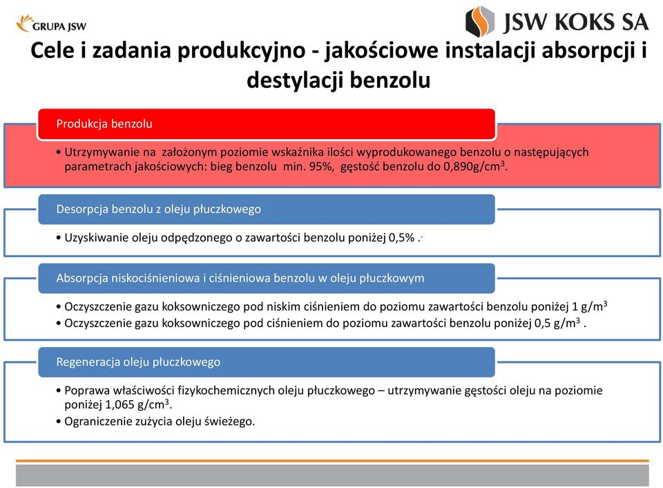 . Absorpcja niskociśnieniowa i ciśnieniowa benzolu w oleju płuczkowym Oczyszczenie gazu koksowniczego pod niskim ciśnieniem do poziomu zawartości benzolu poniżej 1 g/m 3 Oczyszczenie gazu