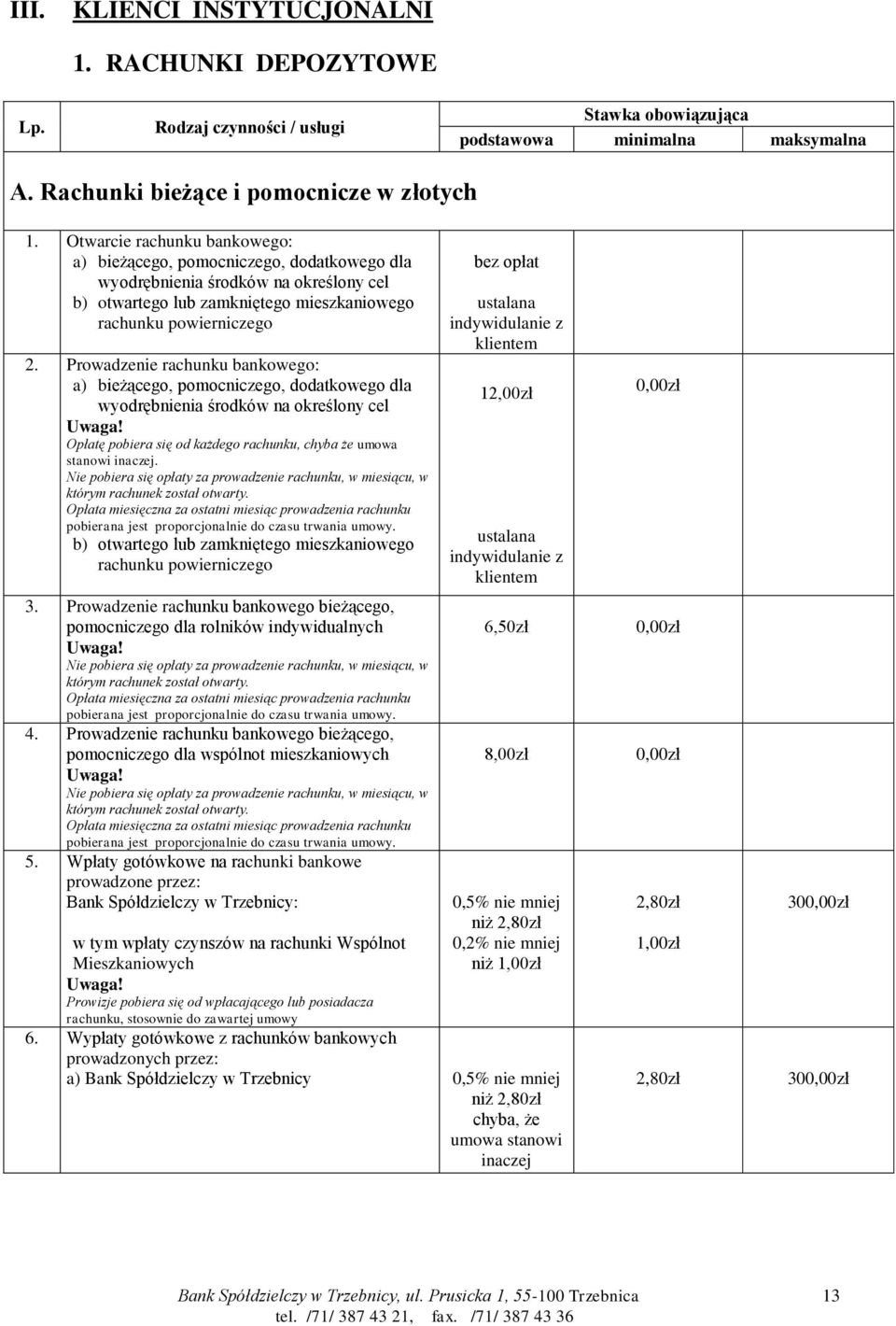 Prowadzenie rachunku bankowego: a) bieżącego, pomocniczego, dodatkowego dla wyodrębnienia środków na określony cel Opłatę pobiera się od każdego rachunku, chyba że umowa stanowi inaczej.