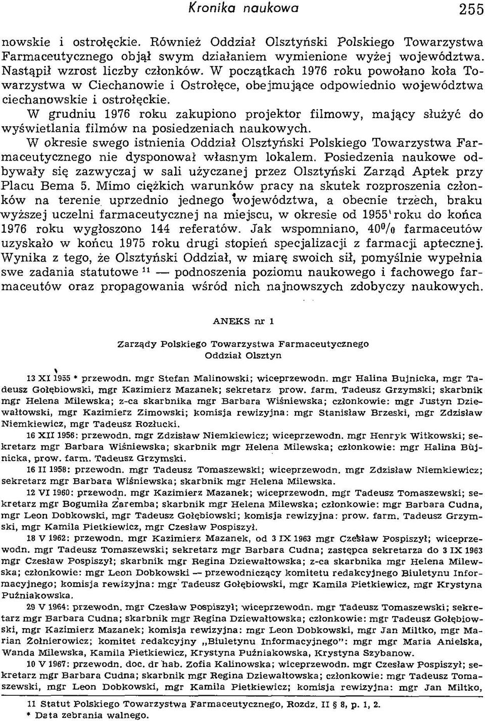 W grudniu 1976 roku zakupiono projektor filmowy, mający służyć do wyświetlania filmów na posiedzeniach naukowych.