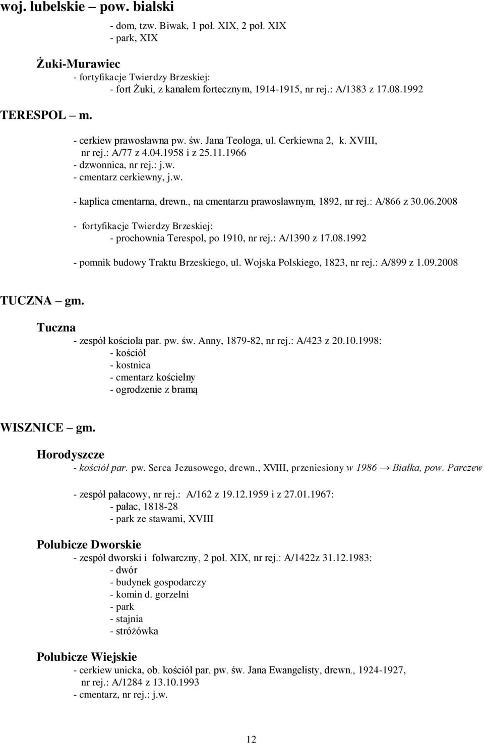 , na cmentarzu prawosławnym, 1892, nr rej.: A/866 z 30.06.2008 - fortyfikacje Twierdzy Brzeskiej: - prochownia Terespol, po 1910, nr rej.: A/1390 z 17.08.1992 - pomnik budowy Traktu Brzeskiego, ul.