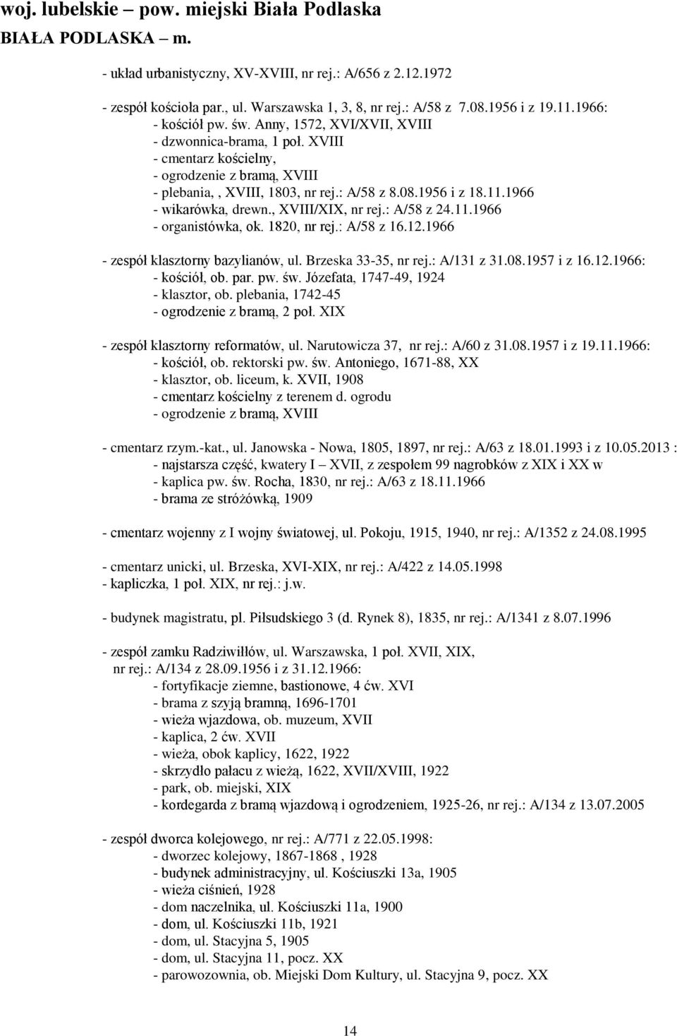 , XVIII/XIX, nr rej.: A/58 z 24.11.1966 - organistówka, ok. 1820, nr rej.: A/58 z 16.12.1966 - zespół klasztorny bazylianów, ul. Brzeska 33-35, nr rej.: A/131 z 31.08.1957 i z 16.12.1966: - kościół, ob.