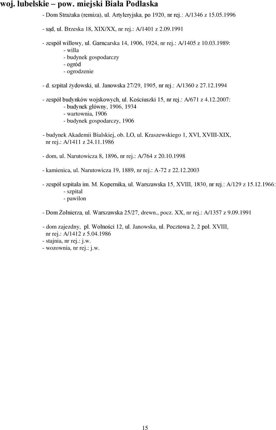 : A/1360 z 27.12.1994 - zespół budynków wojskowych, ul. Kościuszki 15, nr rej.: A/671 z 4.12.2007: - budynek główny, 1906, 1934 - wartownia, 1906 - budynek gospodarczy, 1906 - budynek Akademii Bialskiej, ob.