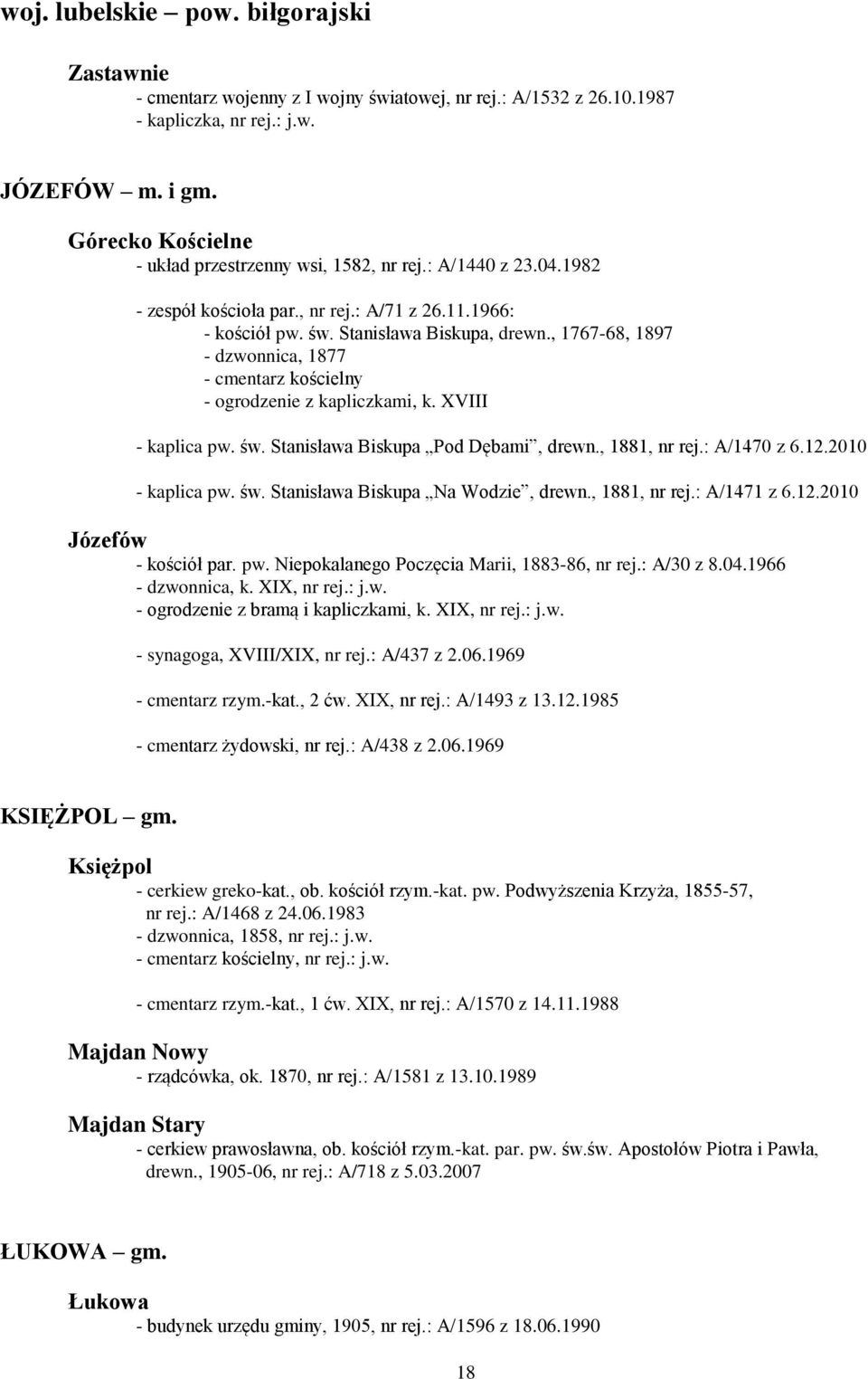 , 1767-68, 1897 - dzwonnica, 1877 - ogrodzenie z kapliczkami, k. XVIII - kaplica pw. św. Stanisława Biskupa Pod Dębami, drewn., 1881, nr rej.: A/1470 z 6.12.2010 - kaplica pw. św. Stanisława Biskupa Na Wodzie, drewn.