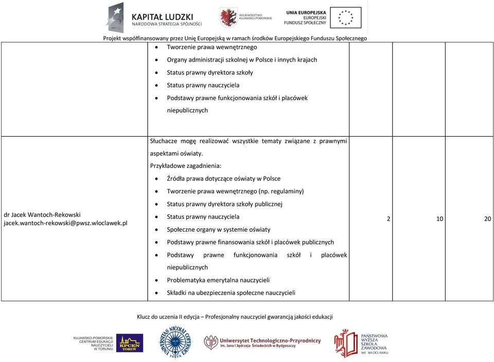 Przykładowe zagadnienia: Źródła prawa dotyczące oświaty w Polsce Tworzenie prawa wewnętrznego (np.