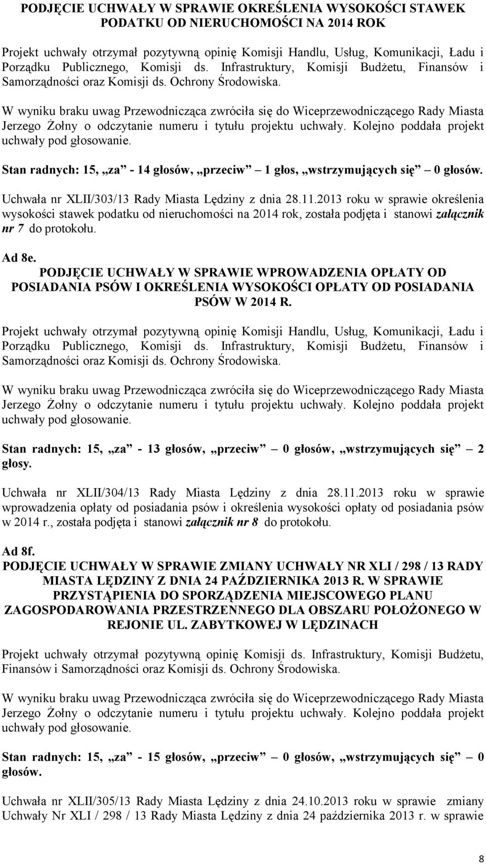 Stan radnych: 15, za - 14 głosów, przeciw 1 głos, wstrzymujących się 0 Uchwała nr XLII/303/13 Rady Miasta Lędziny z dnia 28.11.