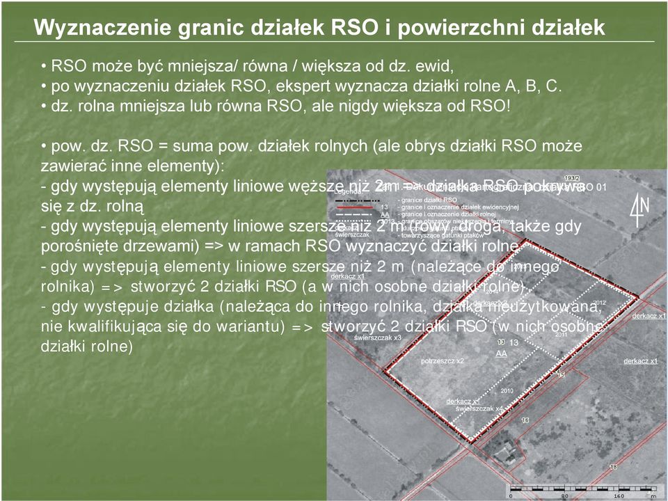 rolną - gdy występują elementy liniowe szersze niż 2 m (rowy, droga, także gdy porośnięte drzewami) => w ramach RSO wyznaczyć działki rolne - gdy występują elementy liniowe szersze niż 2 m (należące