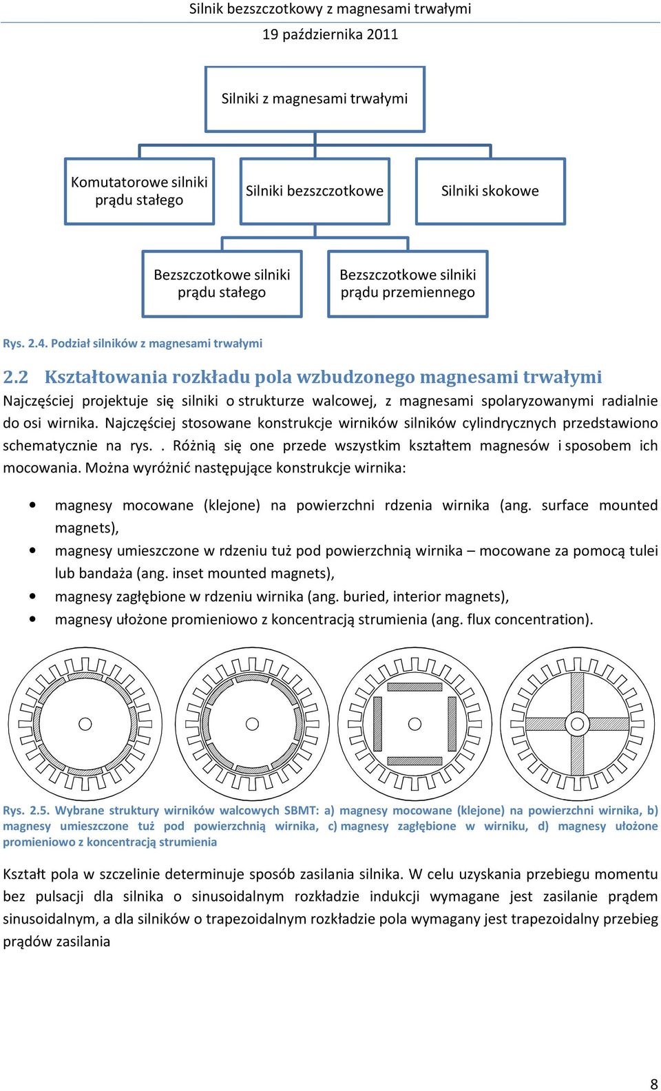 2 Kształtowania rozkładu pola wzbudzonego magnesami trwałymi Najczęściej projektuje się silniki o strukturze walcowej, z magnesami spolaryzowanymi radialnie do osi wirnika.