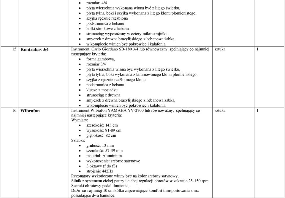 Kontrabas 3/4 Instrument Carlo Giordano SB-180 3/4 lub równoważny, spełniający co najmniej forma gambowa, rozmiar 3/4 płyta wierzchnia winna być wykonana z litego świerku, płyta tylna, boki wykonana