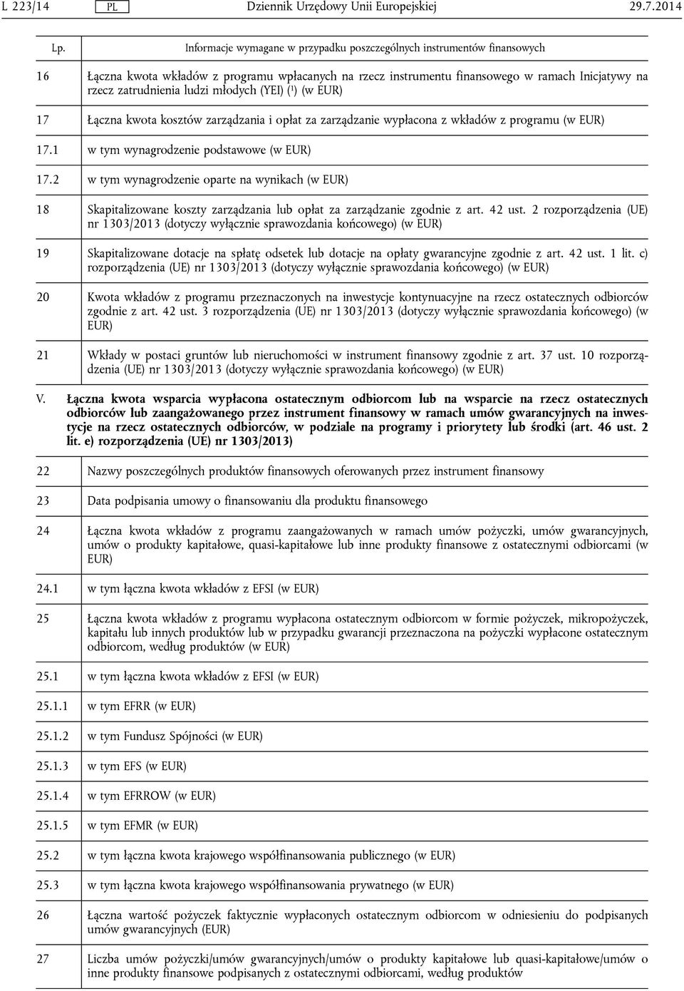 młodych (YEI) ( 1 ) (w EUR) 17 Łączna kwota kosztów zarządzania i opłat za zarządzanie wypłacona z wkładów z programu (w EUR) 17.1 w tym wynagrodzenie podstawowe (w EUR) 17.