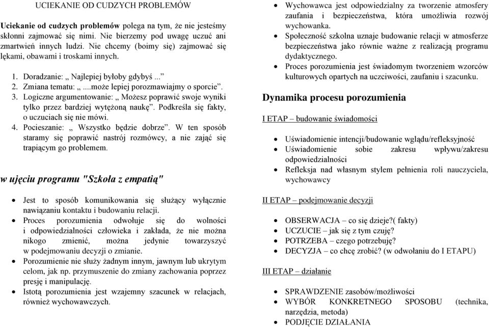 Logiczne argumentowanie: Możesz poprawić swoje wyniki tylko przez bardziej wytężoną naukę. Podkreśla się fakty, o uczuciach się nie mówi. 4. Pocieszanie: Wszystko będzie dobrze.