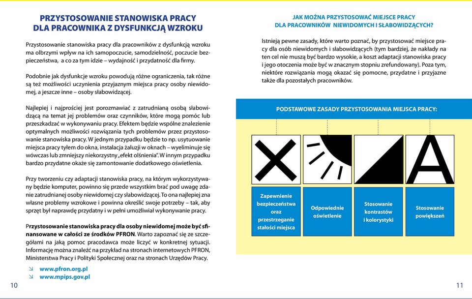 Podobnie jak dysfunkcje wzroku powodują różne ograniczenia, tak różne są też możliwości uczynienia przyjaznym miejsca pracy osoby niewidomej, a jeszcze inne osoby słabowidzącej.