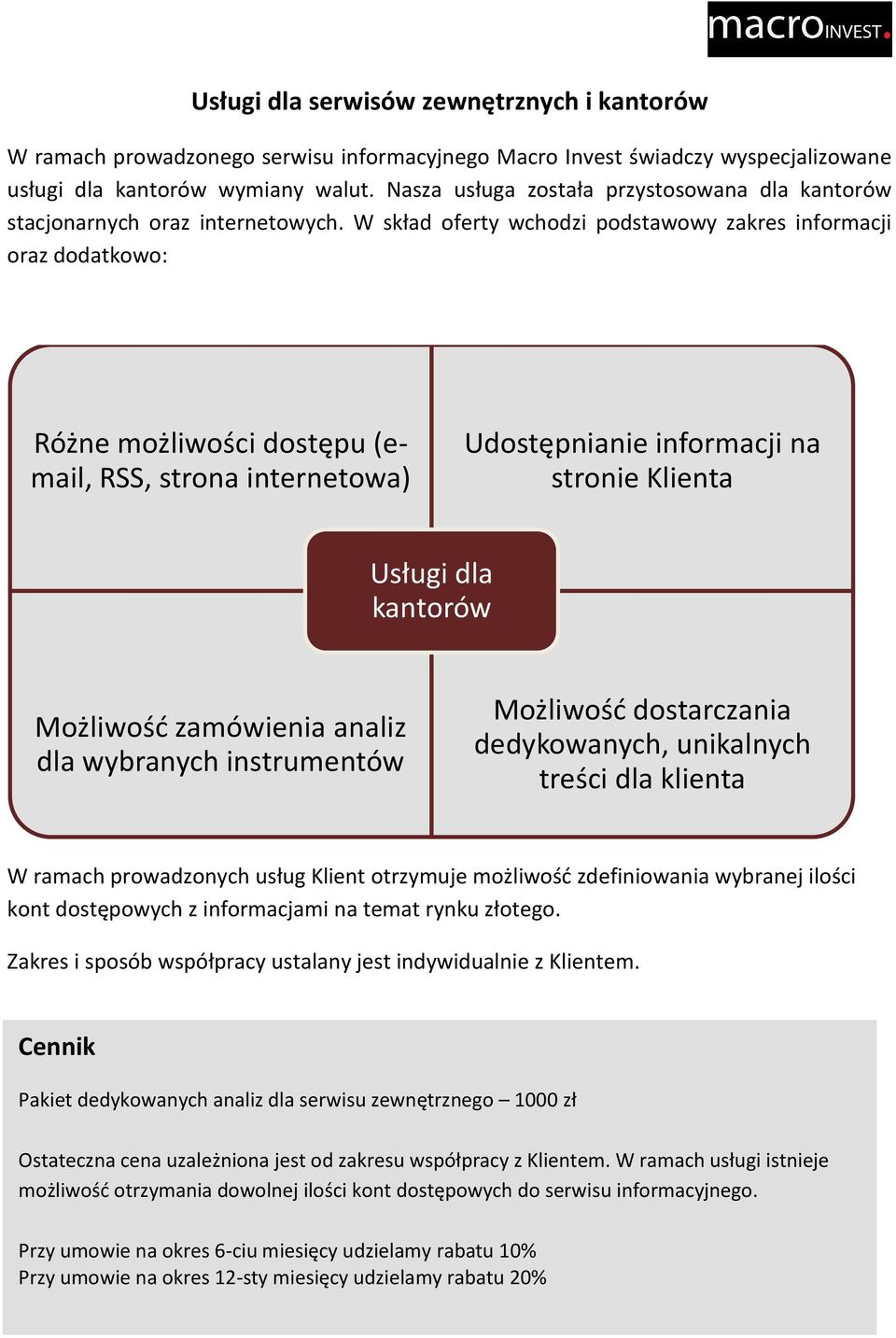 W skład oferty wchodzi podstawowy zakres informacji oraz dodatkowo: Różne możliwości dostępu (email, RSS, strona internetowa) Udostępnianie informacji na stronie Klienta Usługi dla kantorów Możliwośd