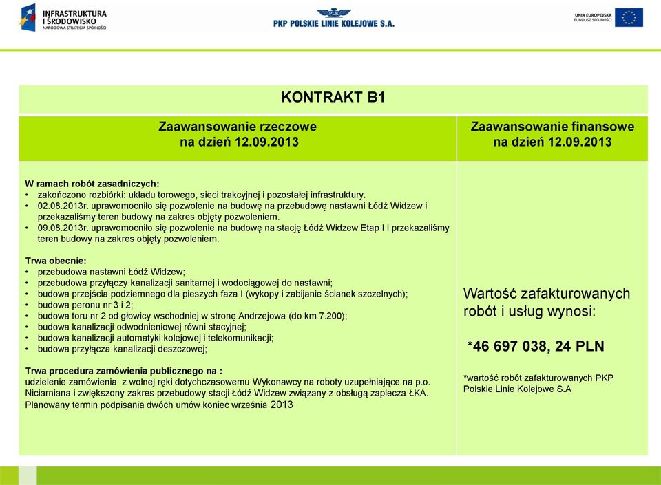 Trwa obecnie: przebudowa nastawni Łódź Widzew; przebudowa przyłączy kanalizacji sanitarnej i wodociągowej do nastawni; budowa przejścia podziemnego dla pieszych faza I (wykopy i zabijanie ścianek