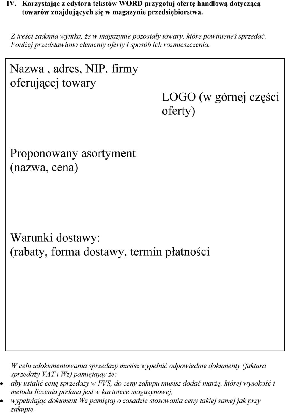 Nazwa, adres, NIP, firmy oferującej towary LOGO (w górnej części oferty) Proponowany asortyment (nazwa, cena) Warunki dostawy: (rabaty, forma dostawy, termin płatności W celu udokumentowania