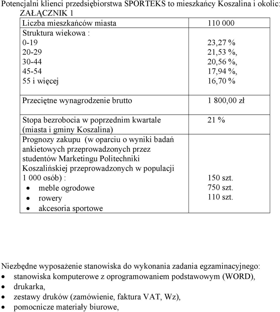 przez studentów Marketingu Politechniki Koszalińskiej przeprowadzonych w populacji 1 000 osób) : meble ogrodowe rowery akcesoria sportowe 1 800,00 zł 21 % 150 szt. 750 szt. 110 szt.