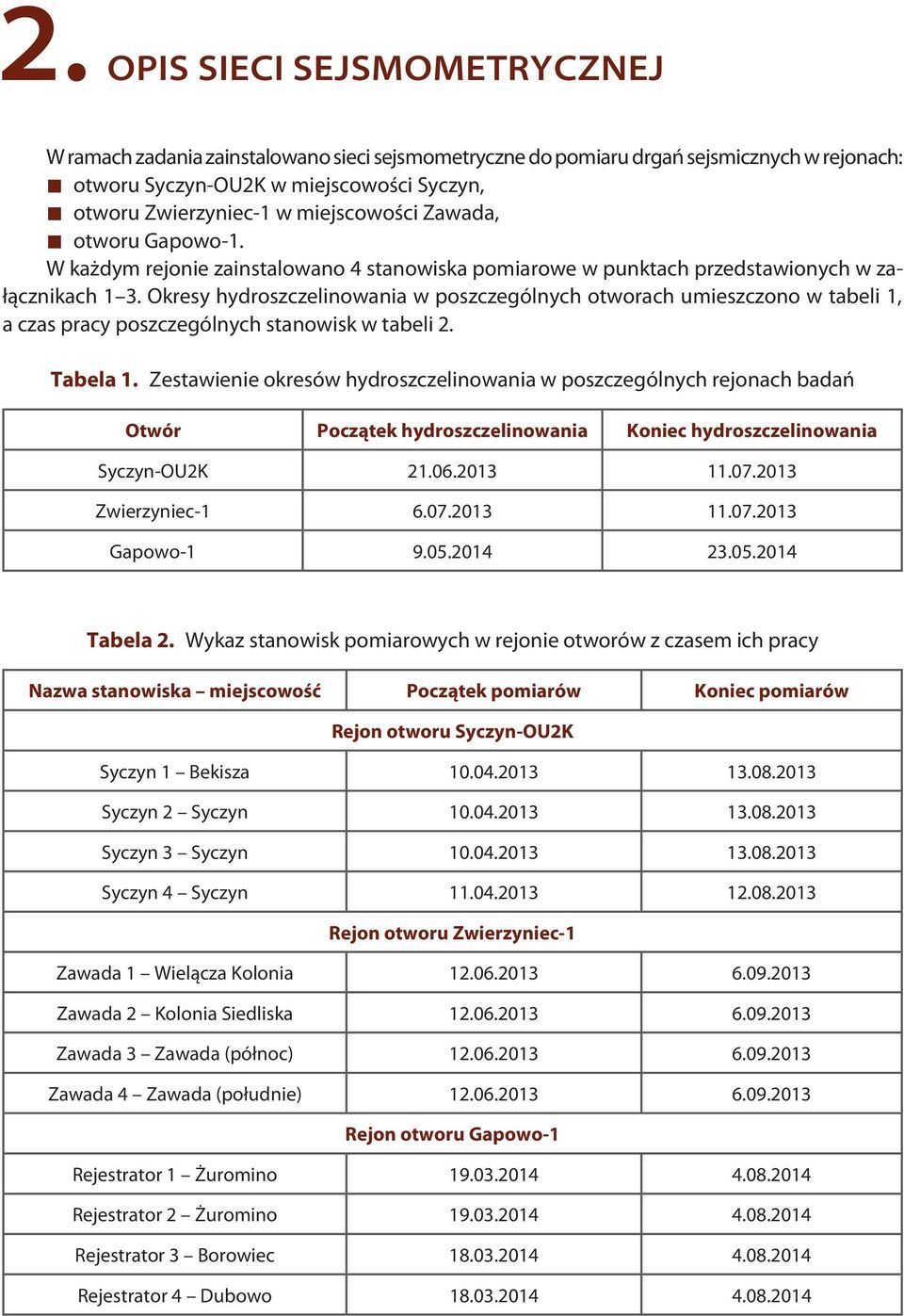 Okresy hydroszczelinowania w poszczególnych otworach umieszczono w tabeli 1, a czas pracy poszczególnych stanowisk w tabeli 2. Tabela 1.